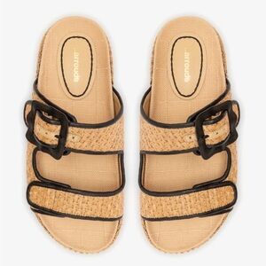 Larroudé Maui Slide In Tapestry Natural Raffia and Black Trimming, 8
